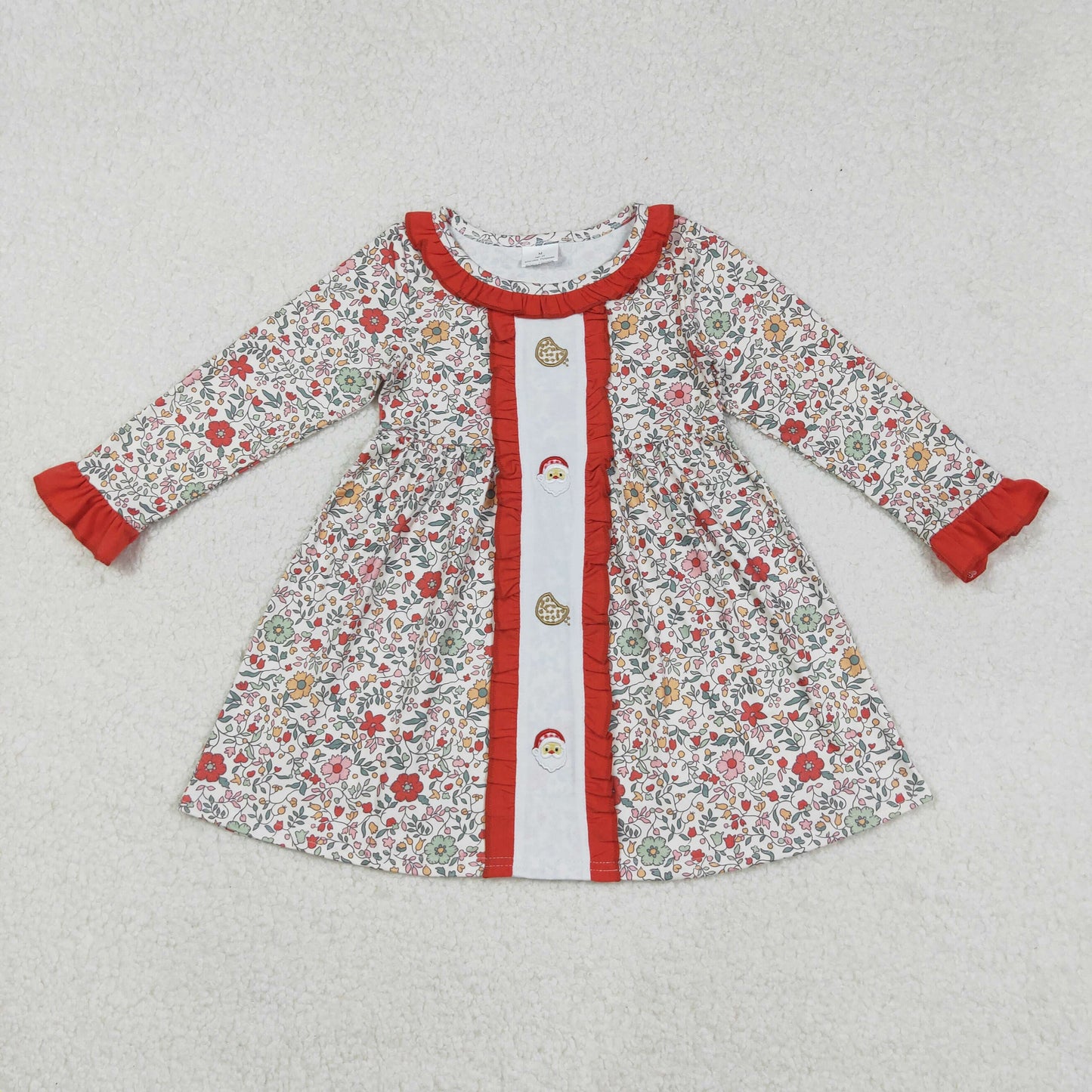 GLD1062 baby girls Christmas Santa Claus cookie flower floral dress embroidery