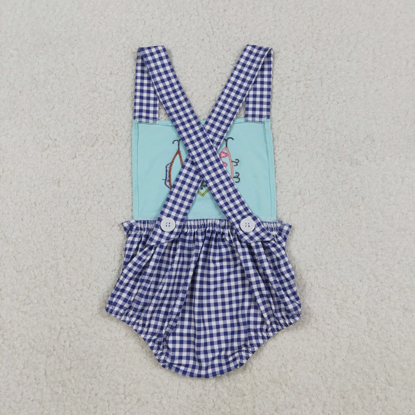 SR3413 baby boys fish blue checkered romper embroidery