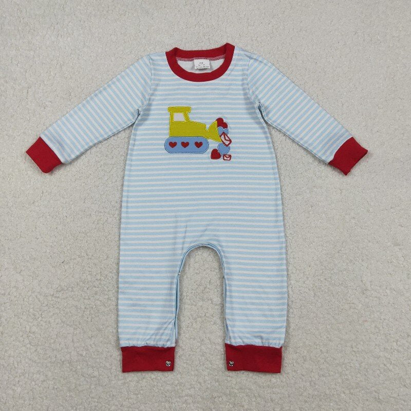 Matching Baby boys Valentine's stripe romper outfits long sleeves embroidery