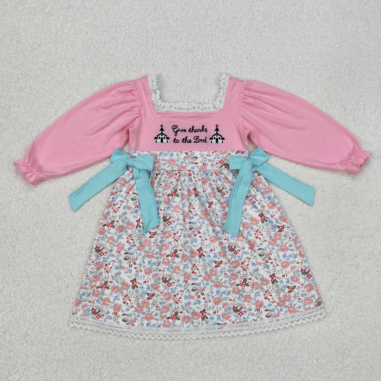 GLD0967 baby Girls pink bow floral Dress embroidery