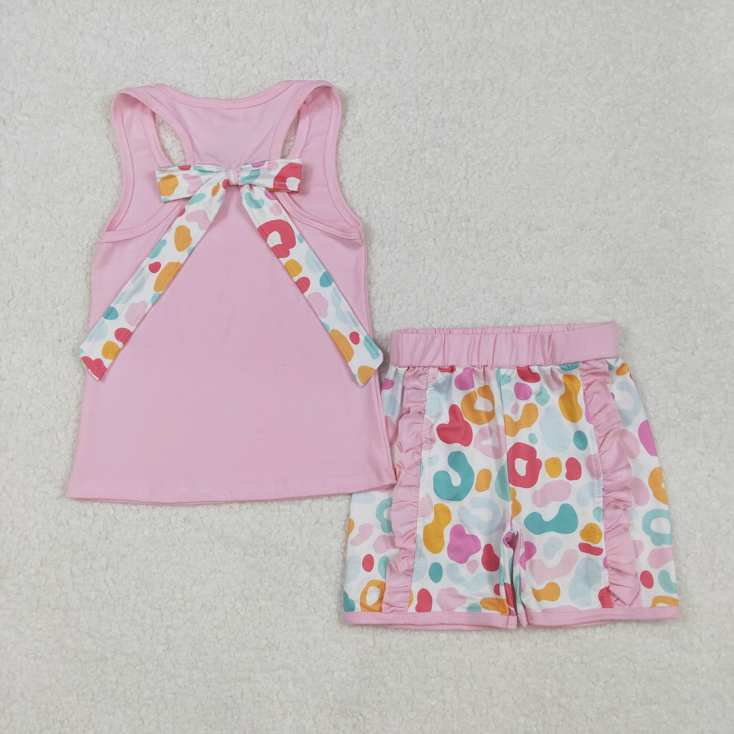 GSSO1981 girls sleeveless vest bow pink floral shorts outfits