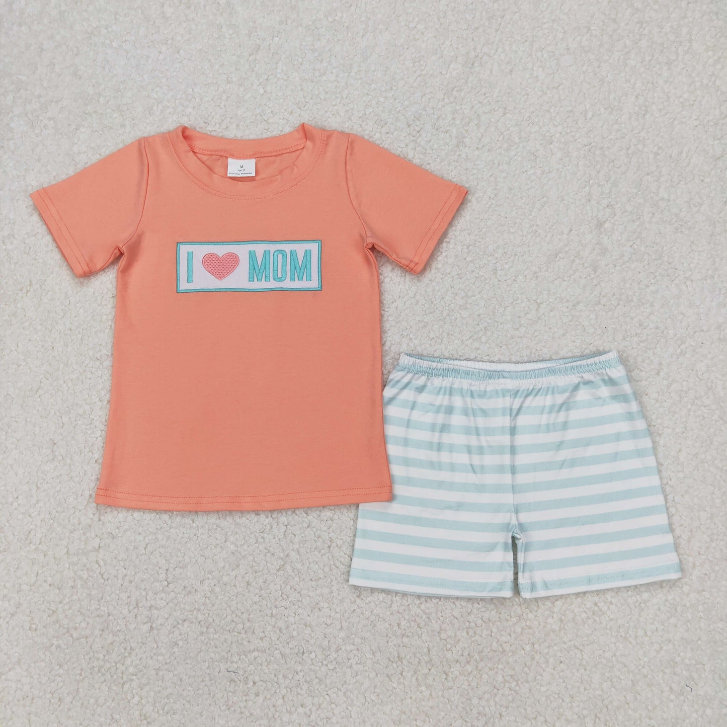BSSO1435 Boys orange I LOVE MOM green stripe shorts outfits embroidery