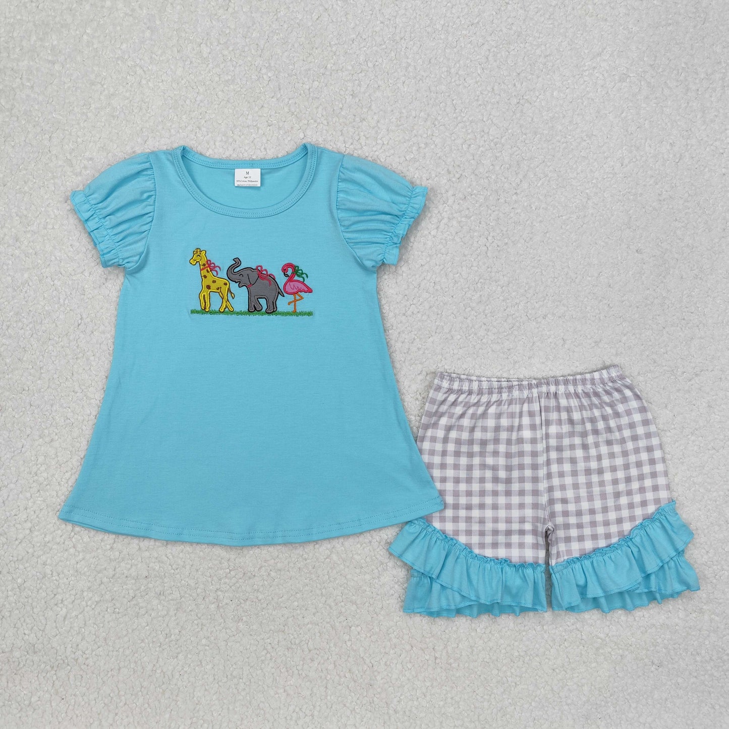 GSSO1520 Girls Giraffe elephant plaid blue shorts outfits