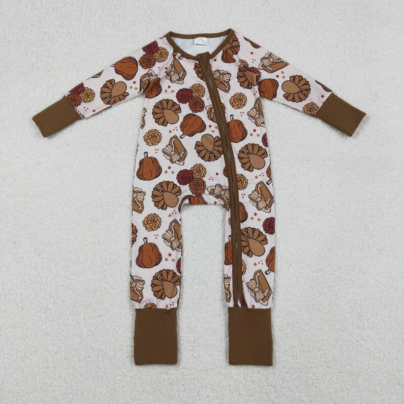 Matching Baby girls Thanksgiving turkey brown romper & pajamas clothing