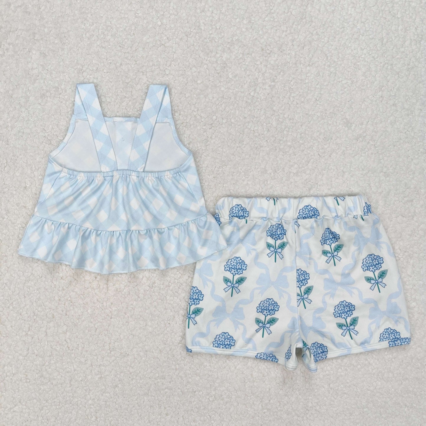 GSSO2078 girls blue checkered bow floral shorts outfits