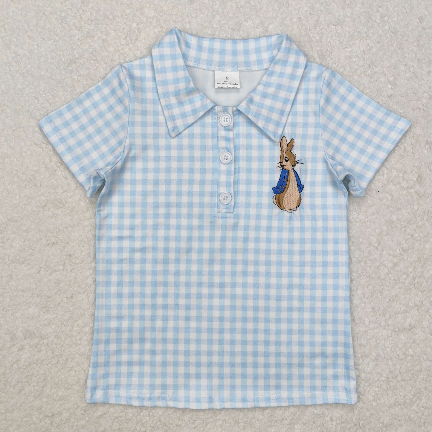 BT1095 Boys plaid blue bunny short sleeve shirt top embroidery
