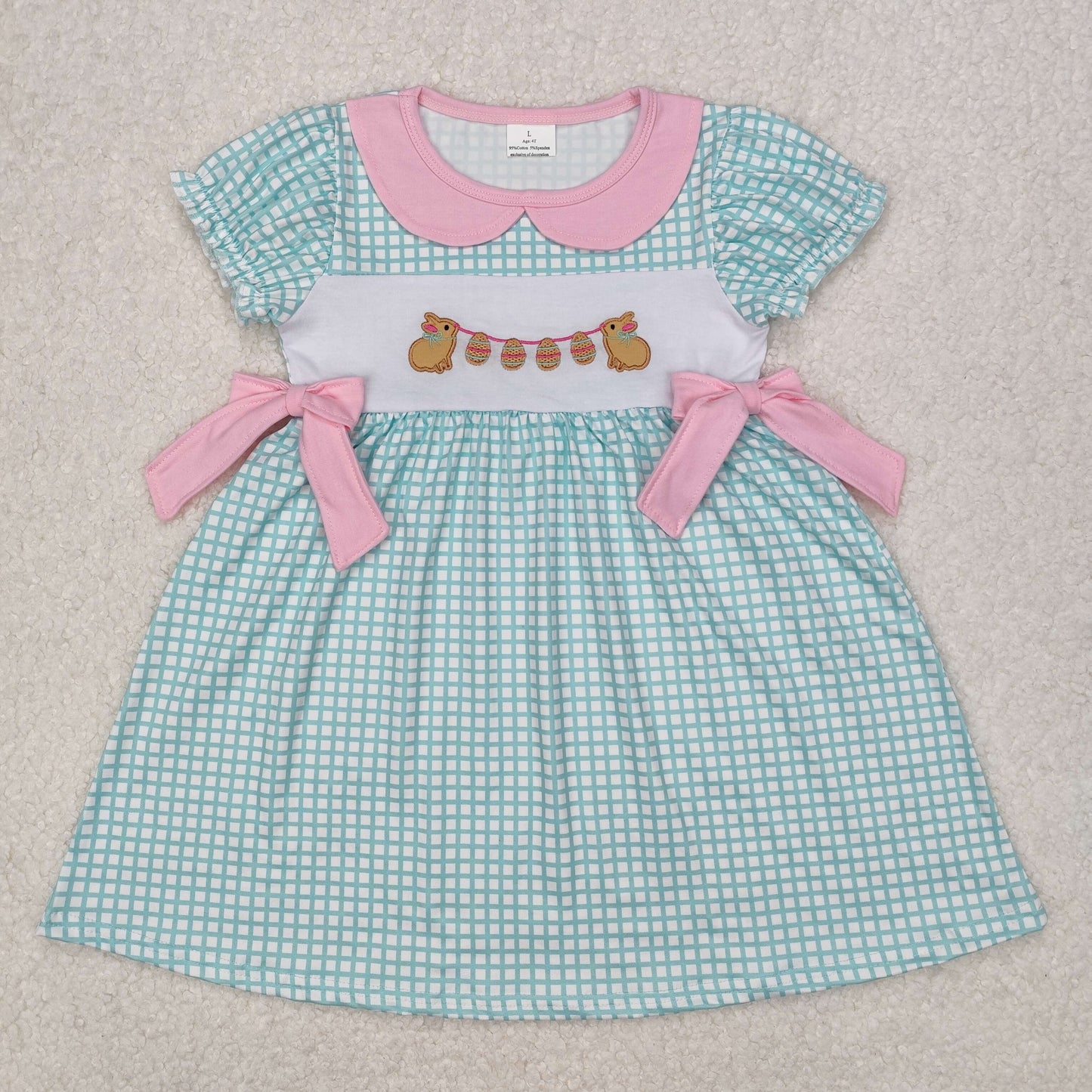 GSD1773 baby Girls Easter puff sleeve bow bunny green checked Dress embroidery