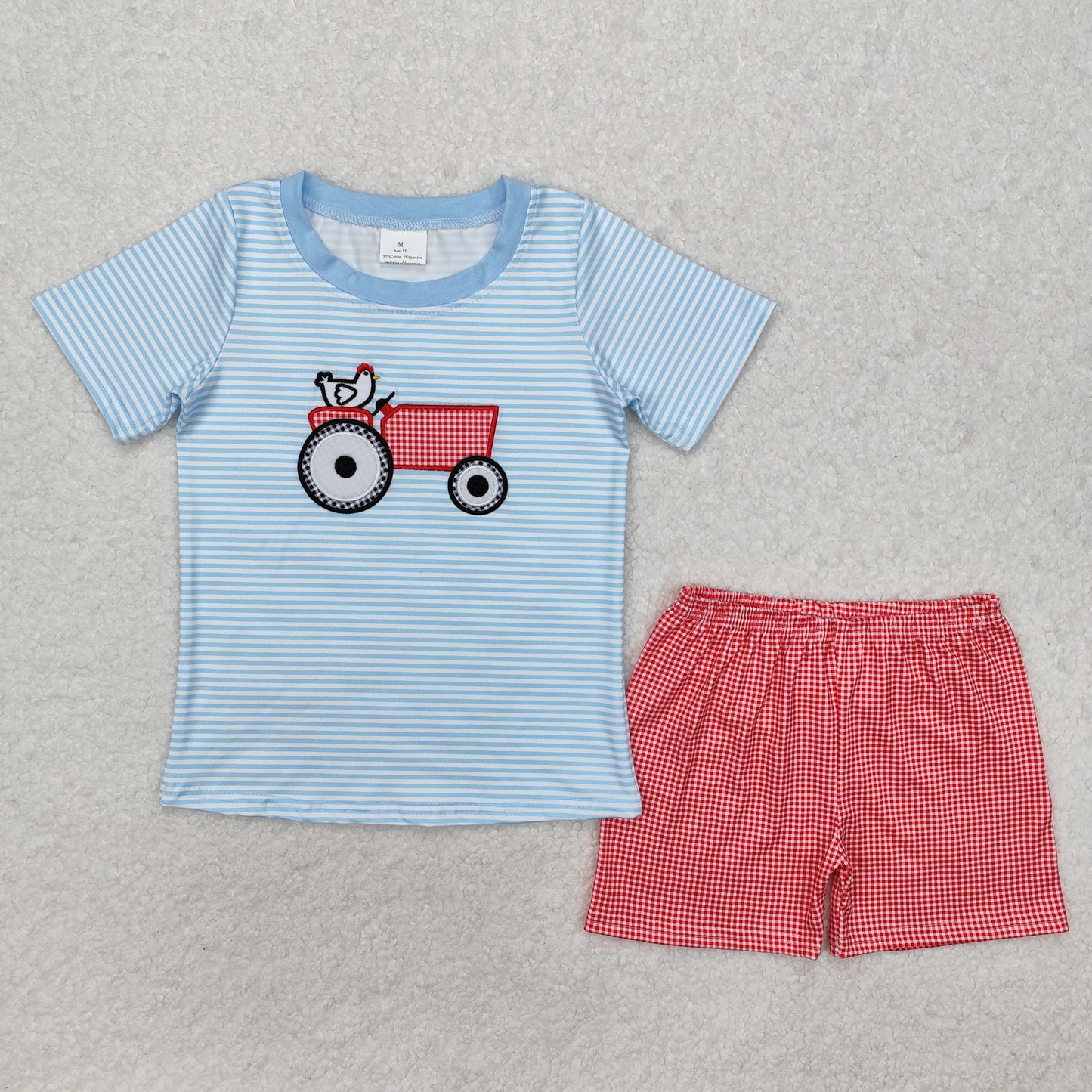 BSSO1172 Boys tractor blue stripe red shorts Outfits embroidery
