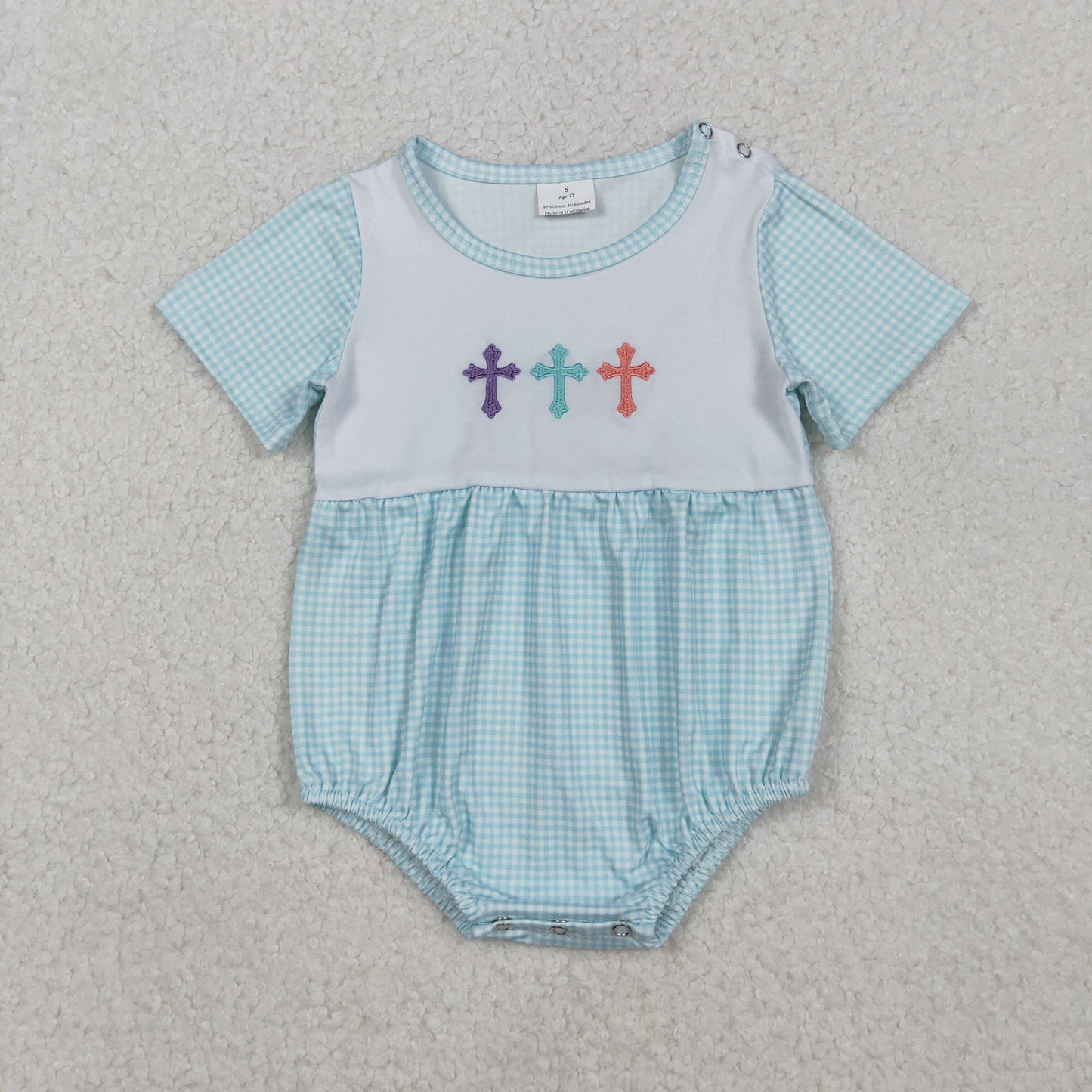 SR3215 baby boys Easter blue checkered romper embroidery
