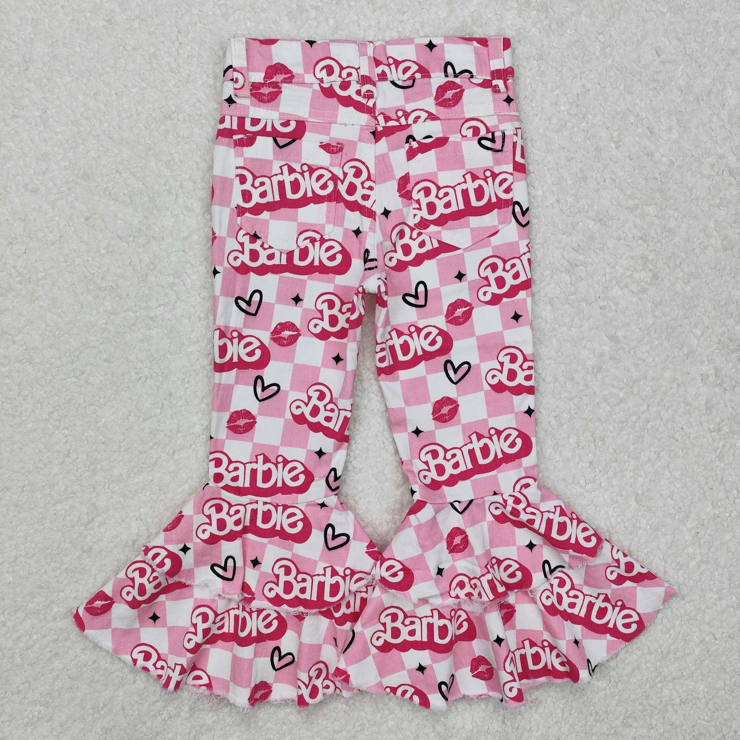 P0294 Girls Pink checked Double Ruffles Bell Bottom Jeans