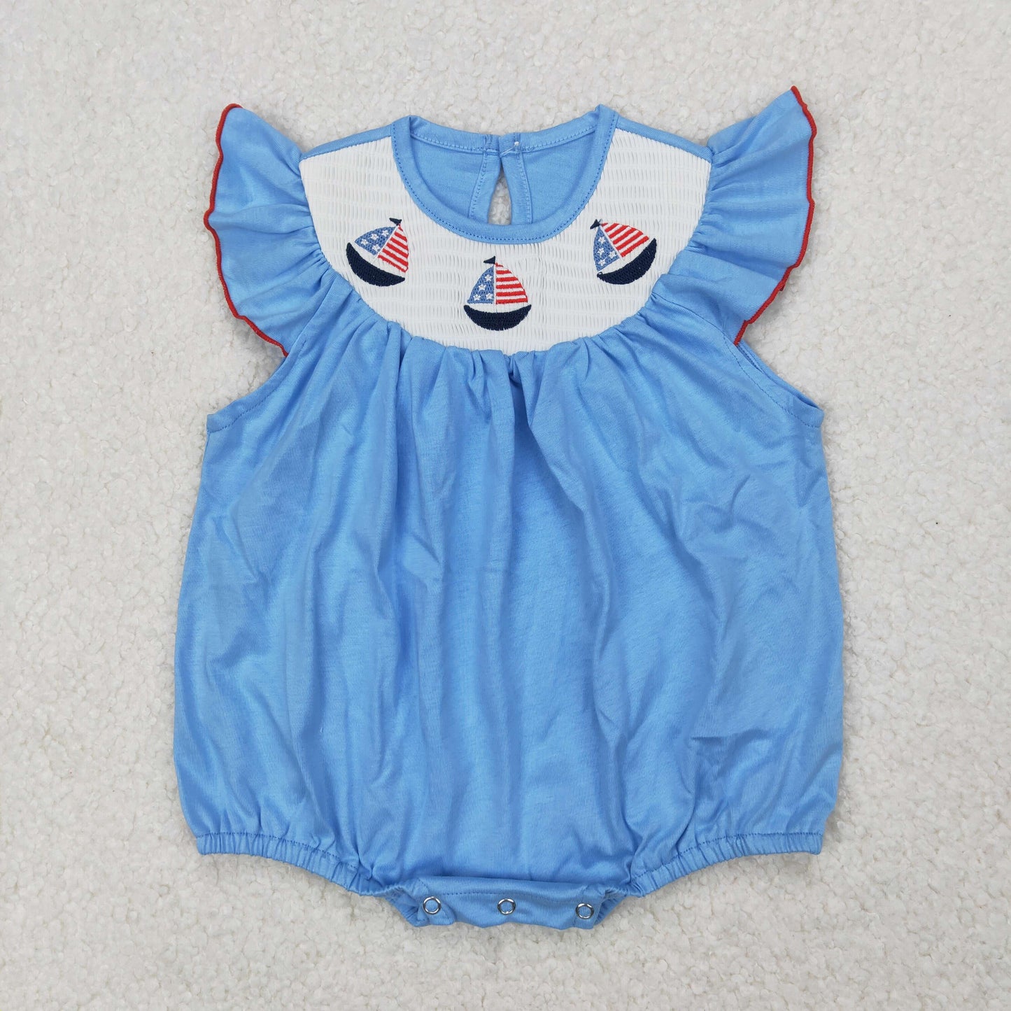 SR2573 Baby girls July Fourth flying sleeve boat blue romper smocked