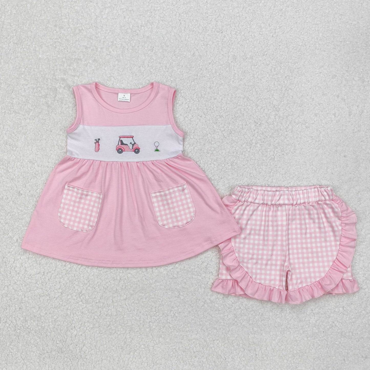 GSSO1554 Girls pink pocket car outfits embroidery