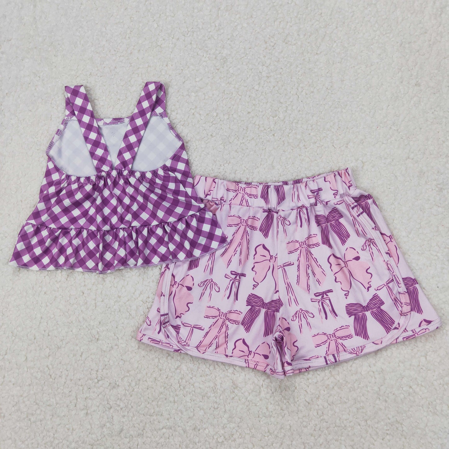 GSSO2035 girls purple checkered bow shorts outfits