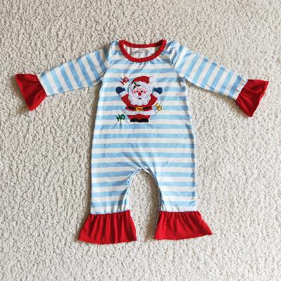Matching Baby girls boys Christmas Santa blue stripe romper outfits long sleeves embroidery
