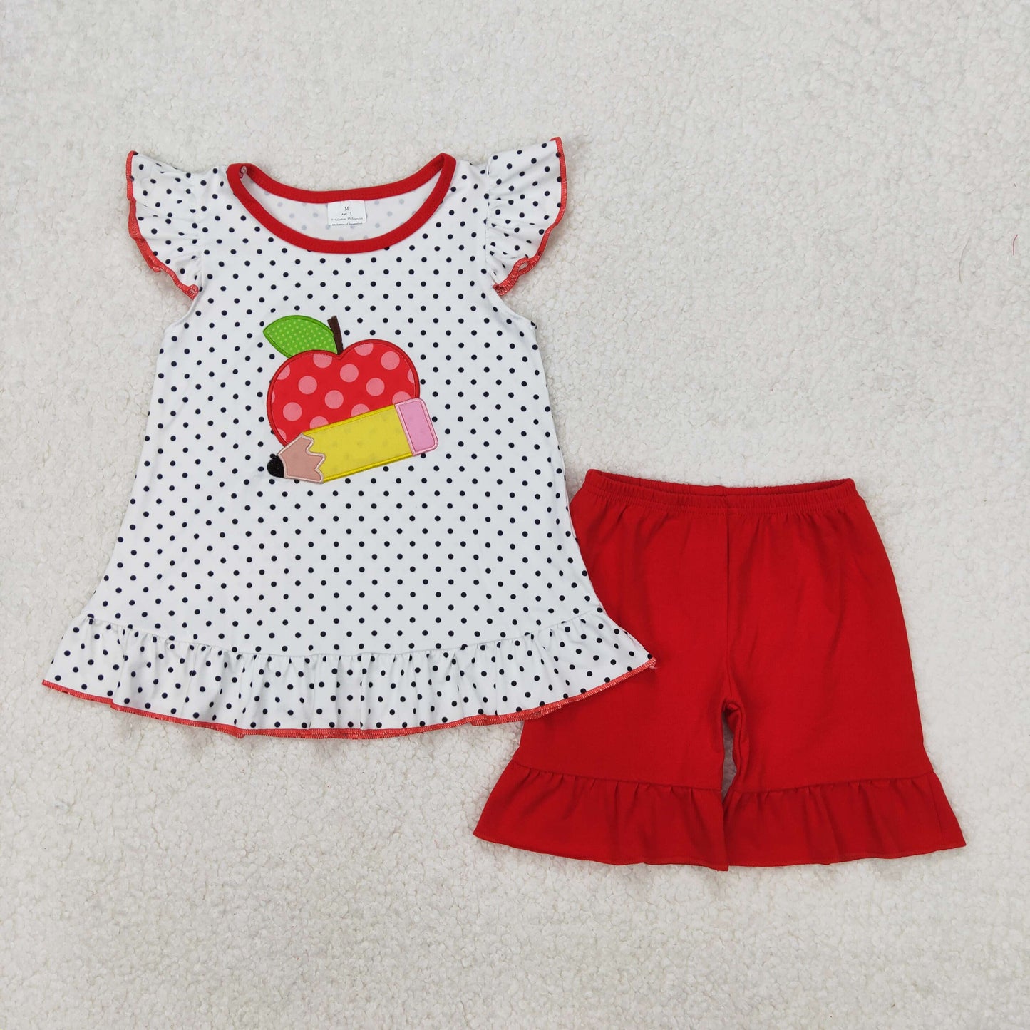 GSSO2071 girls Back To School red dot apple red shorts outfits embroidery