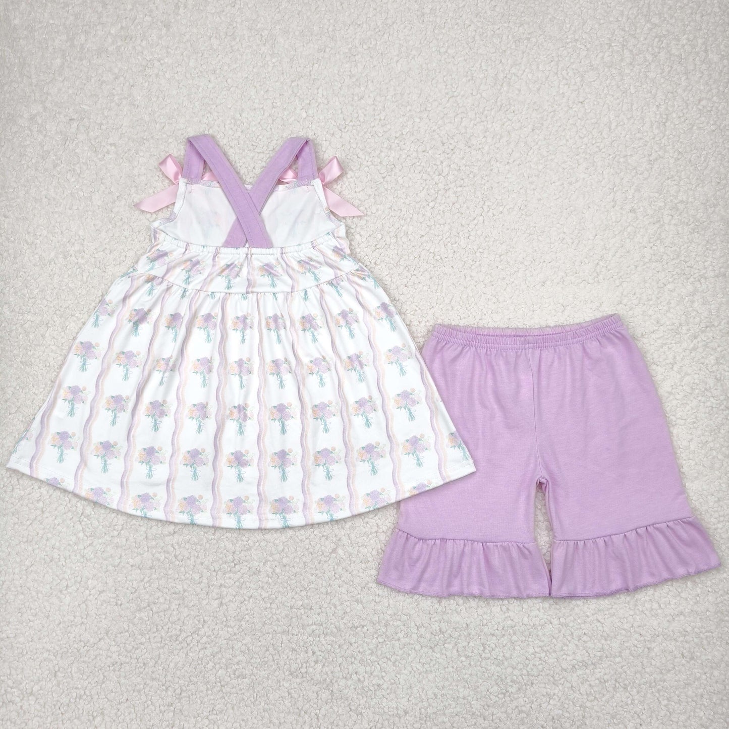 GSSO2430 baby girls wave flower purple bow shorts outfits