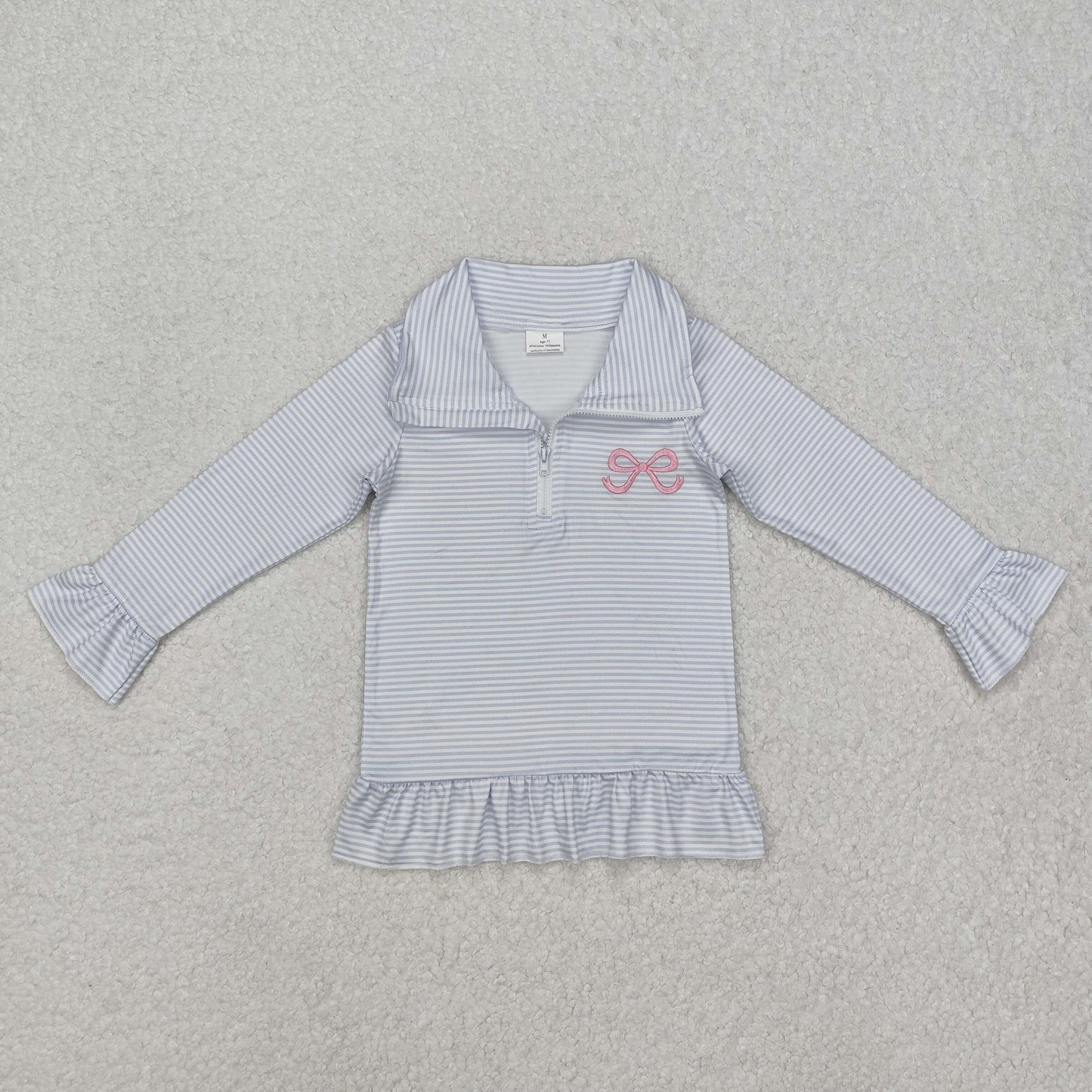 GT0886 Girls blue stripe shirt bow Top Long Sleeve embroidery