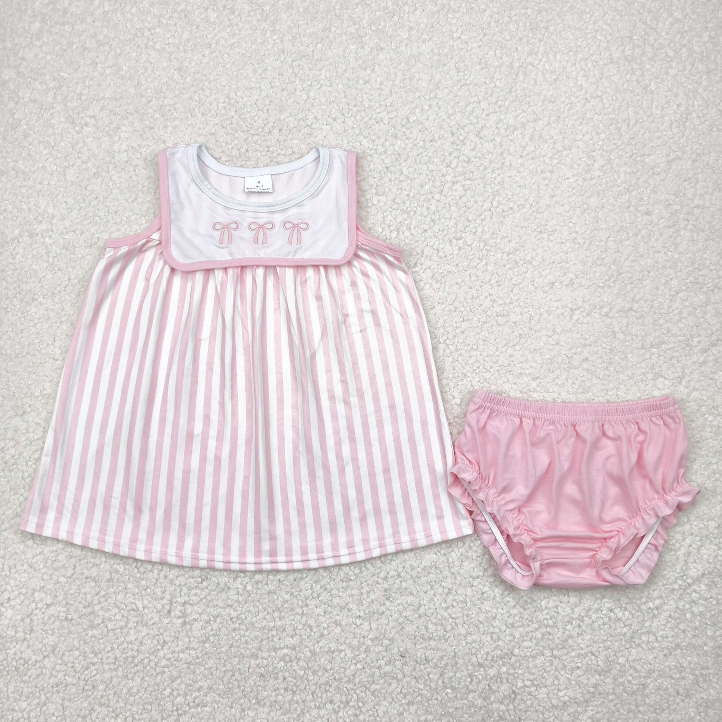 GBO0476 girls sleeveless pink bow stripe Bummies embroidery