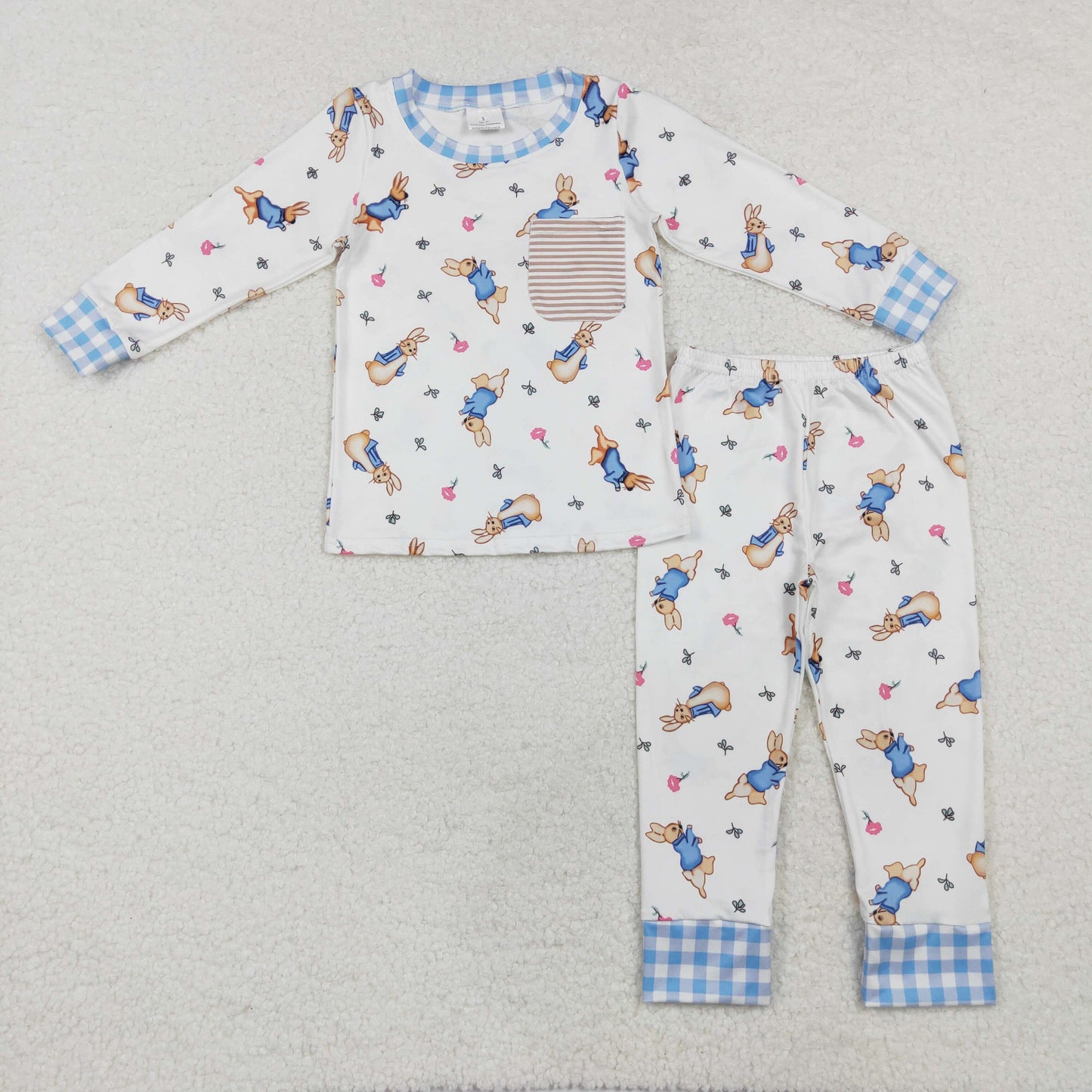 BLP1046 Boy Easter bunny pocket plaid white blue pajamas