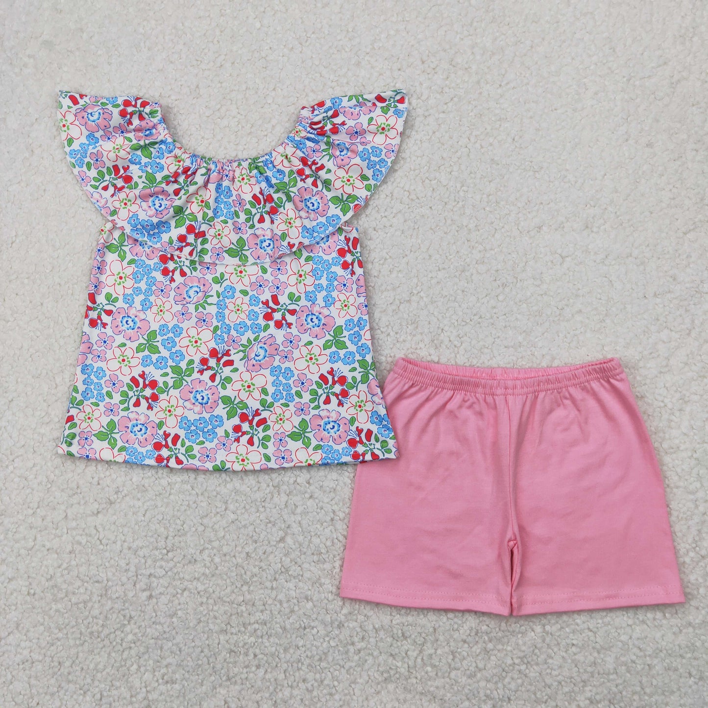 GSSO2277 baby girls flying sleeve flower pink shorts outfits