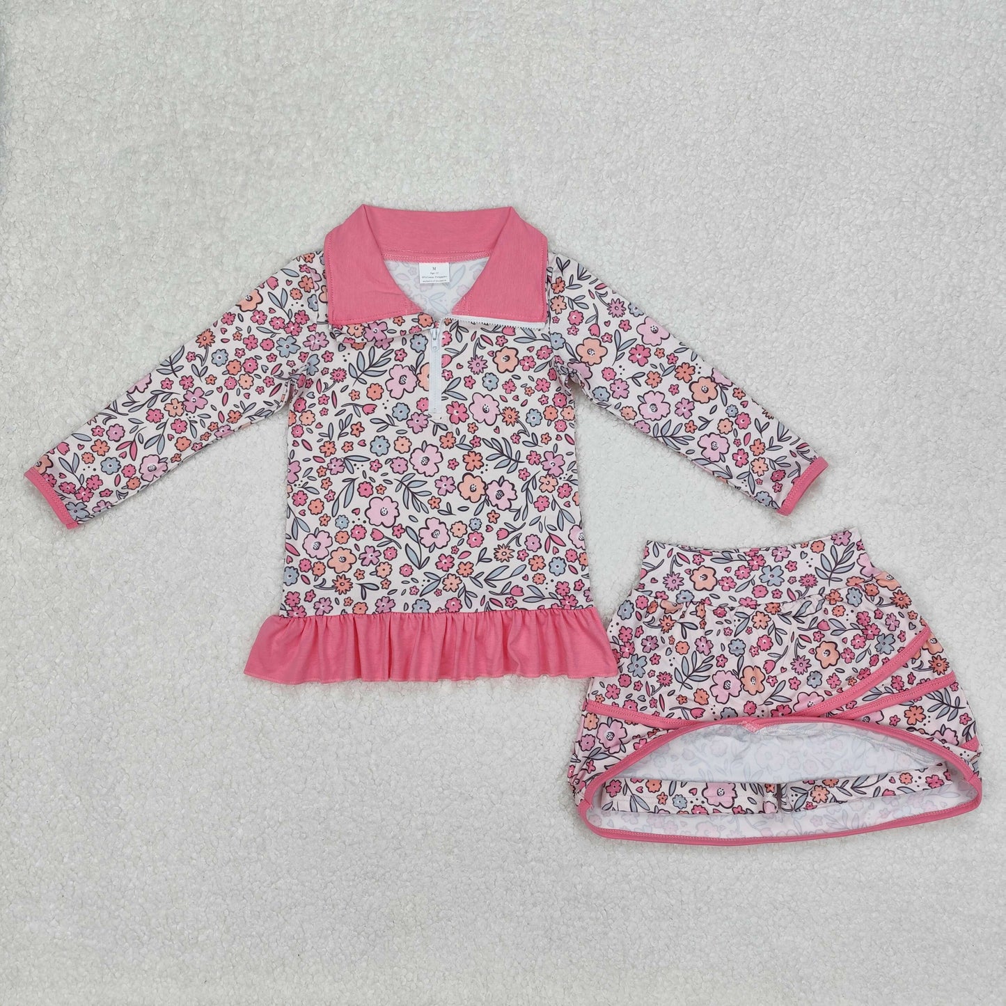 GLD1011 baby Girls pink floral long shirt skirt outfits milk silk