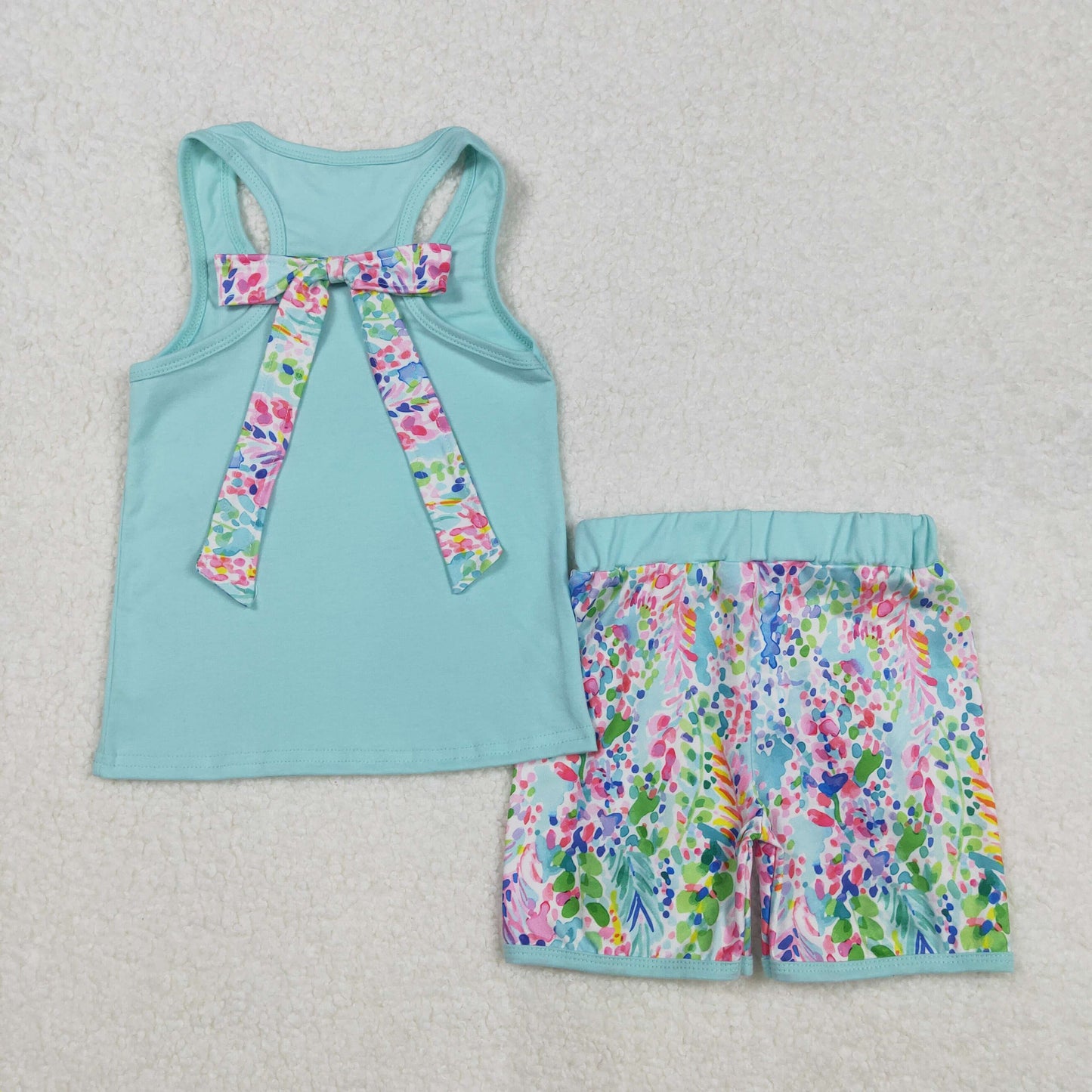 GSSO1982 girls sleeveless vest bow cyan floral shorts outfits