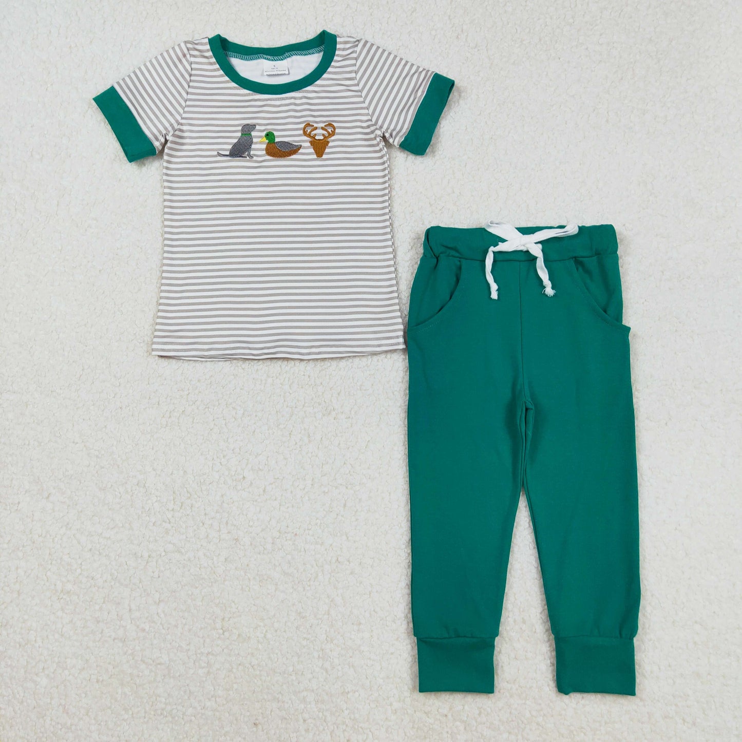 BSPO0154 Boys Duck stripe green Outfit embroidery