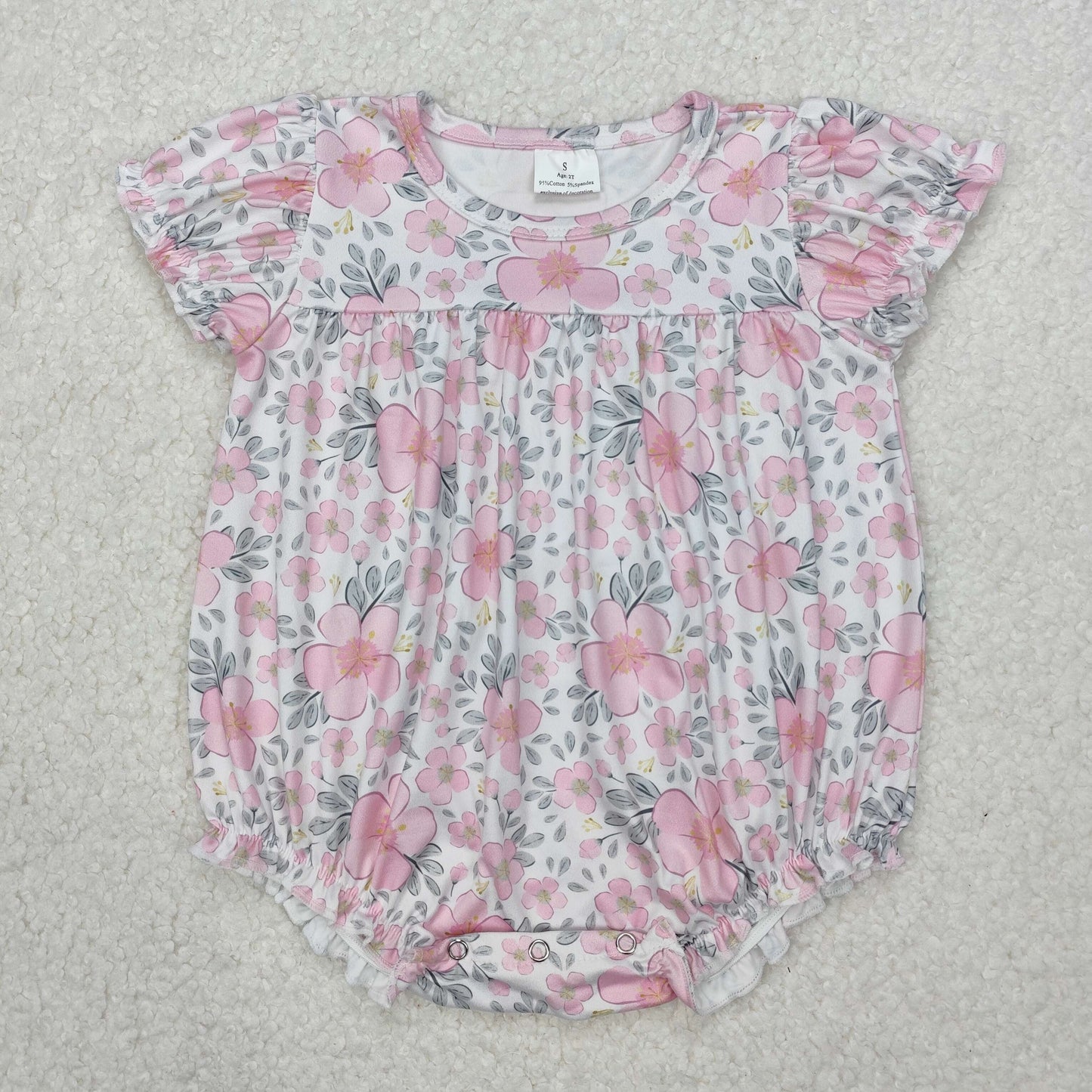 SR2782 Baby girls puff sleeve pink flower leaf romper