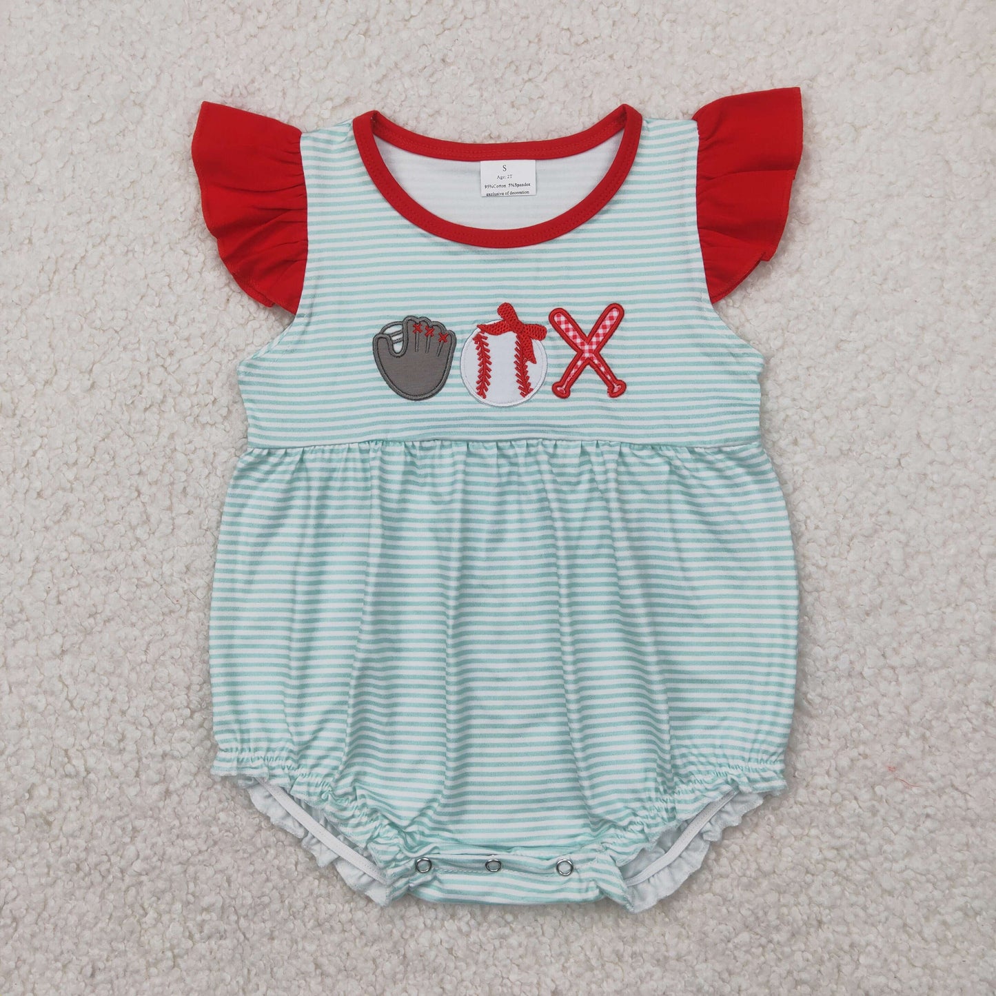 SR2892 Baby girls red flying baseball blue stripe romper embroidery