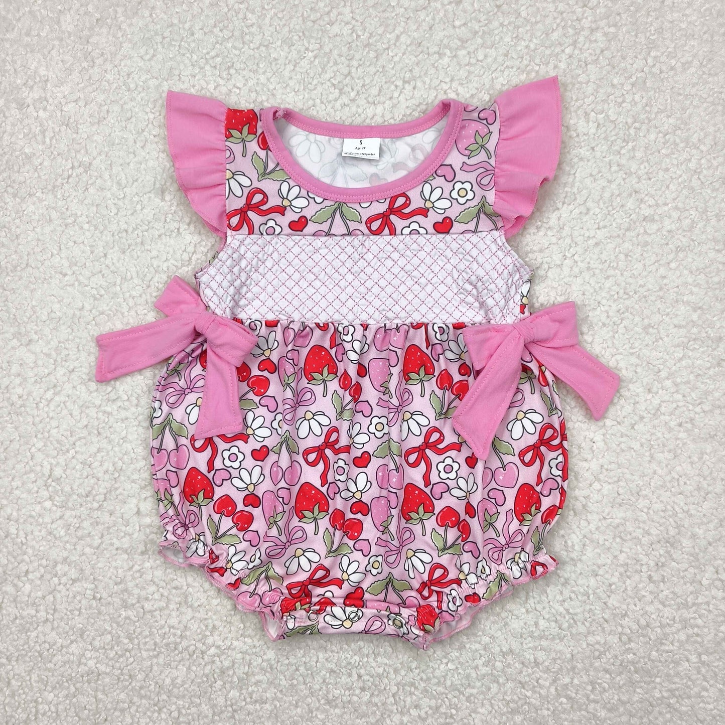 SR2953 Baby girls pink flying sleeve bow strawberry romper embroidery