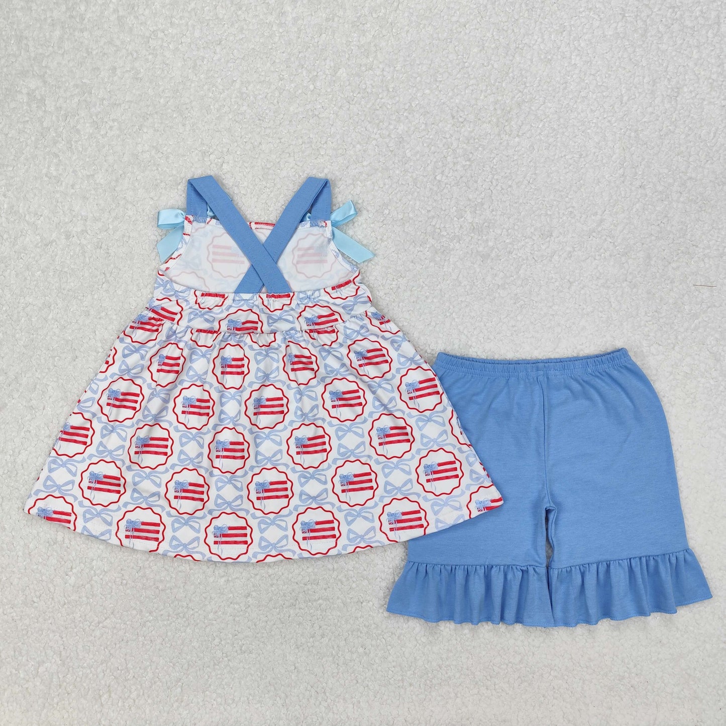 GSSO2074 girls July Fourth blue bow shorts outfits