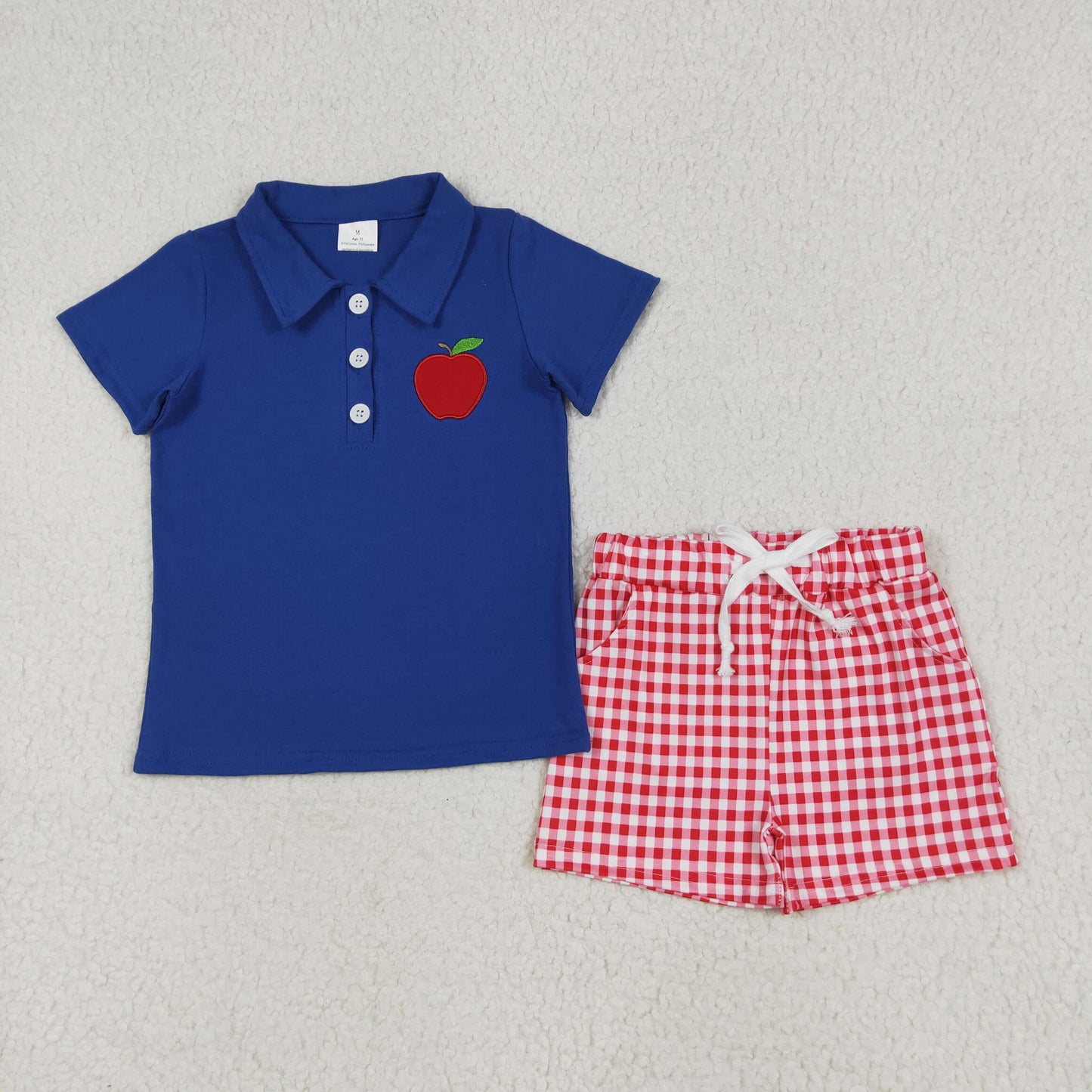 BSSO1397 Boys Back To School apple red checkered shorts outfits embroidery