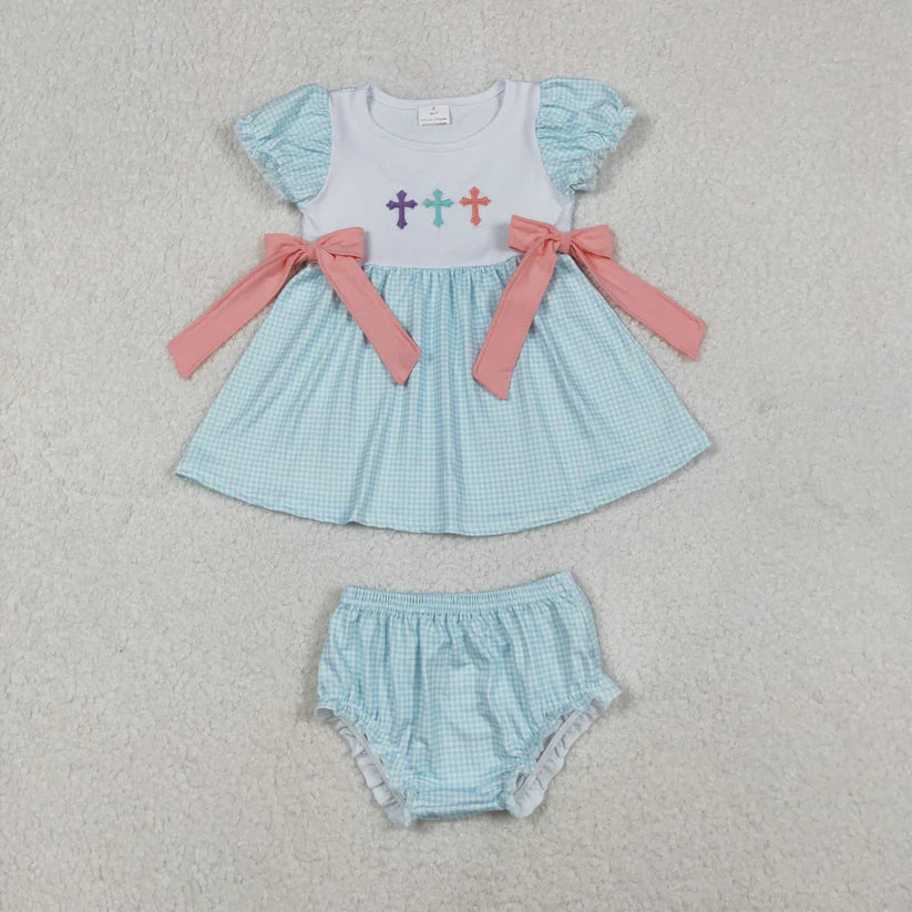 Matching Baby girls Easter cross bow dress & bummies embroidery
