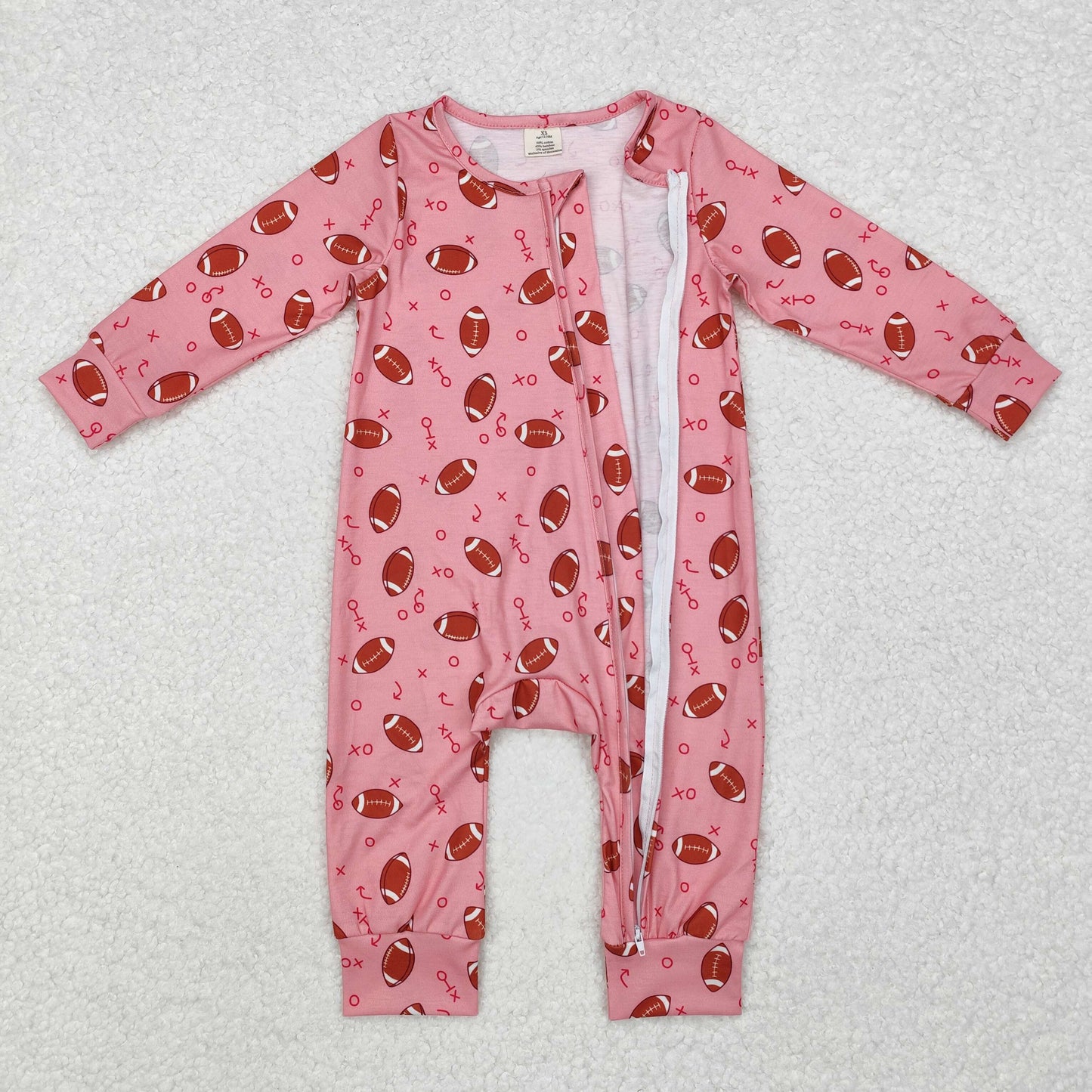 LR1988 Baby girls pink football bamboo zipper romper