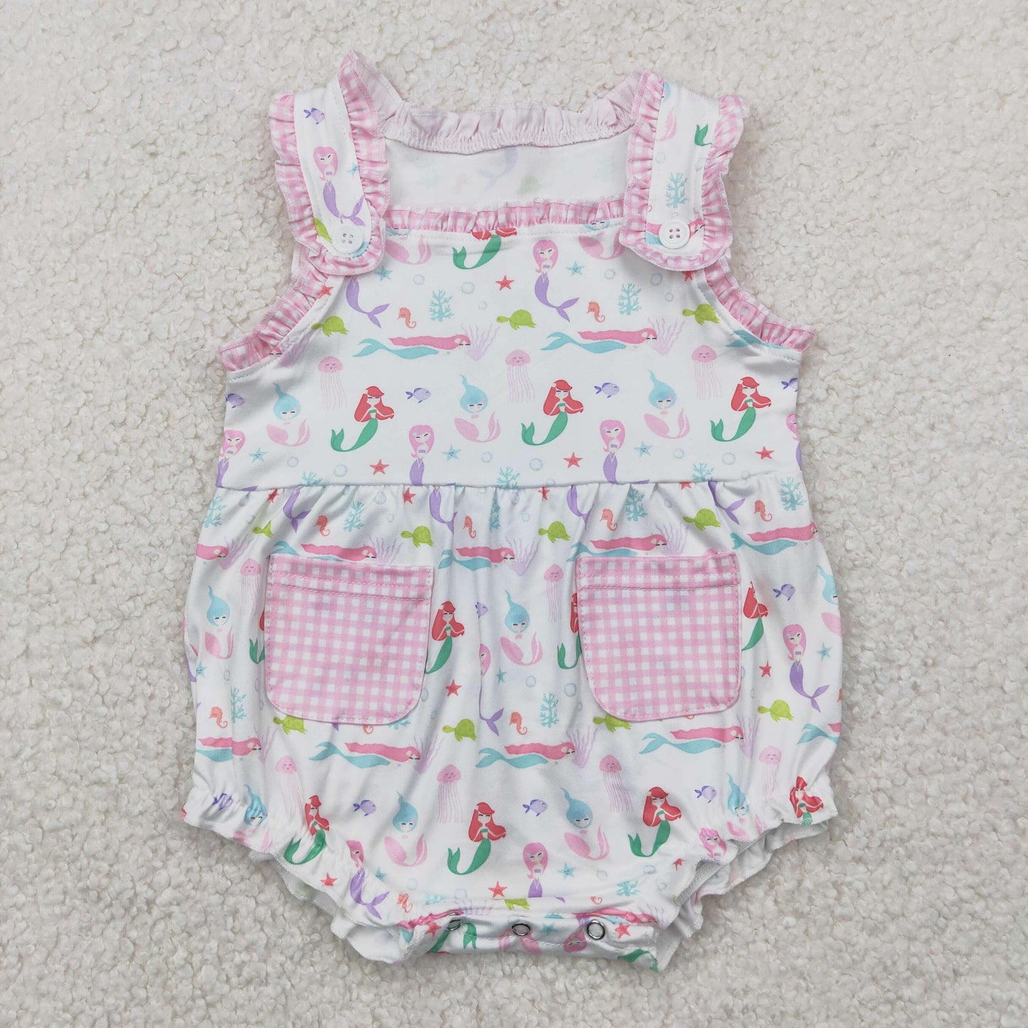 SR2880 Baby girls beauty fish pink pocket romper