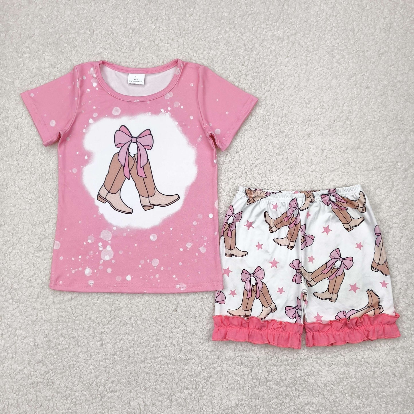 GSSO2354 baby girls pink short sleeve boot bow shorts outfits