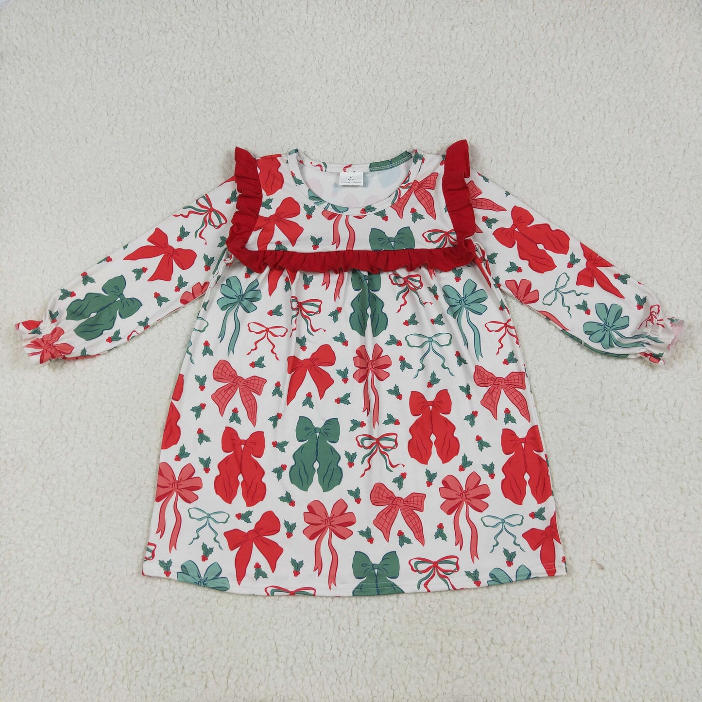 GLD1046 baby girls long sleeve Christmas red green bow floral dress