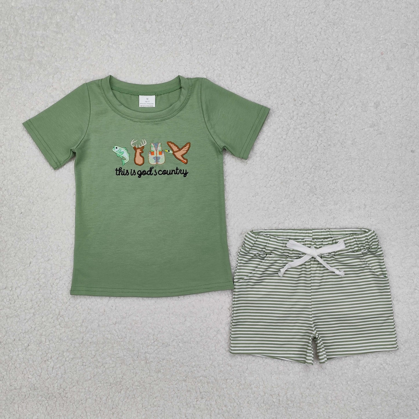 BSSO1108 Boys green stripe duck shorts Outfits embroidery