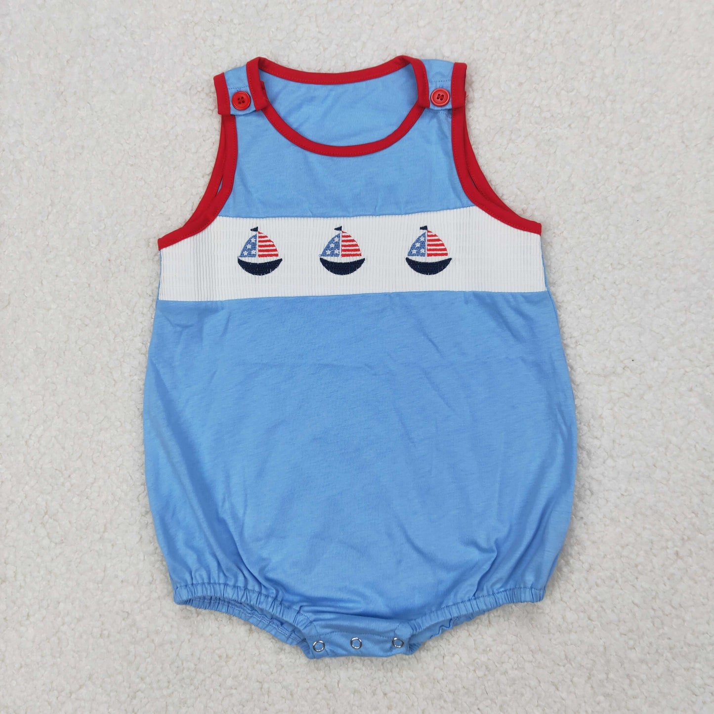SR2574 Baby girls boys July Fourth boat blue romper smocked