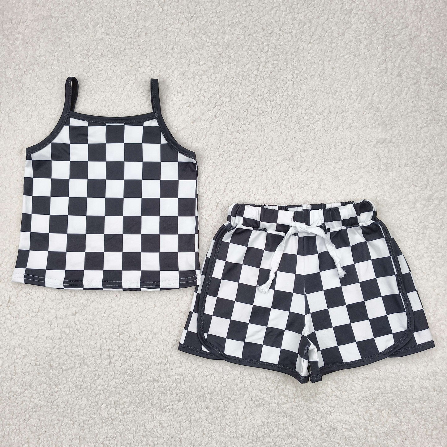 GSSO2334 baby girls black checkered shorts outfits