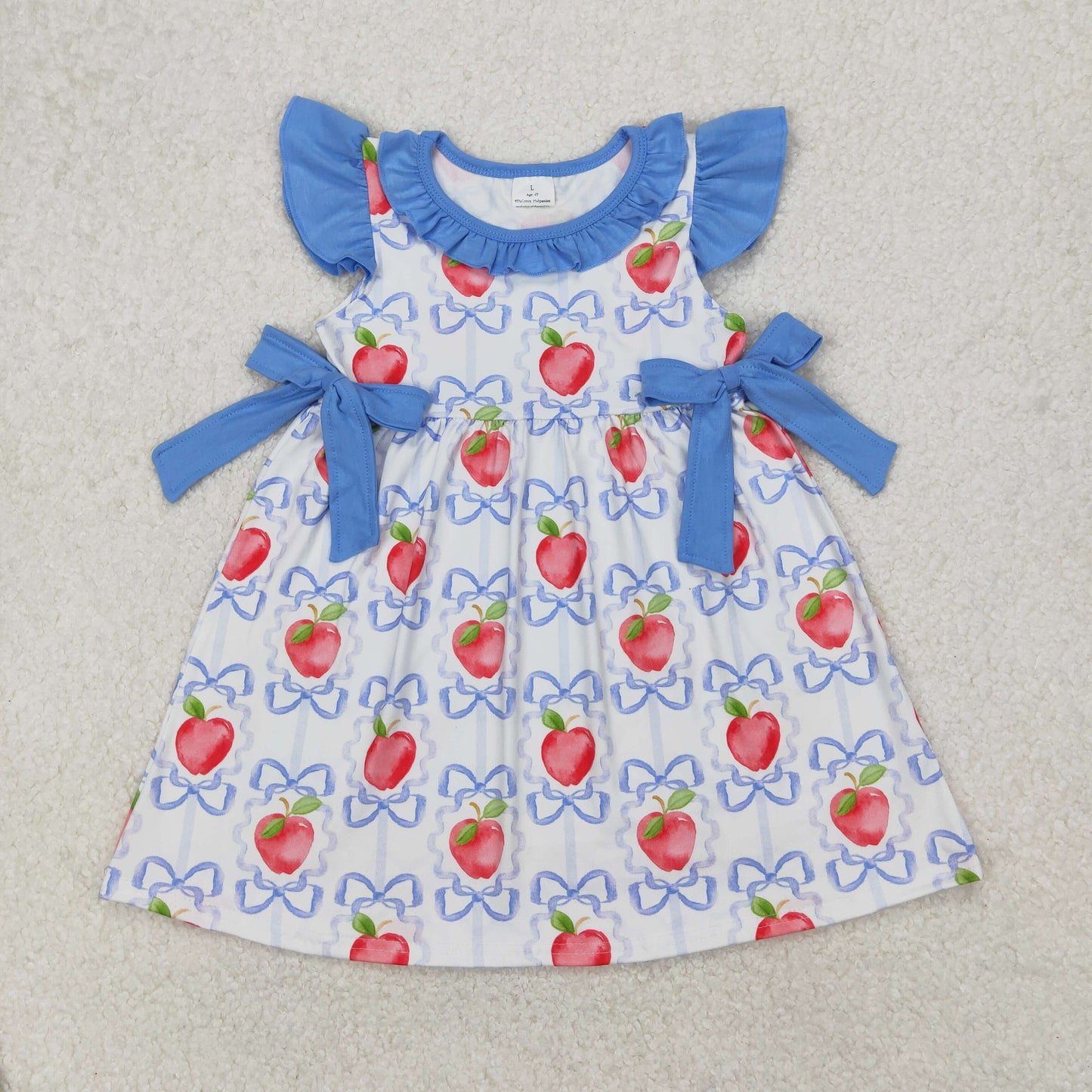 GSD1966 Back To School girls blue flying sleeve bow apple Dress