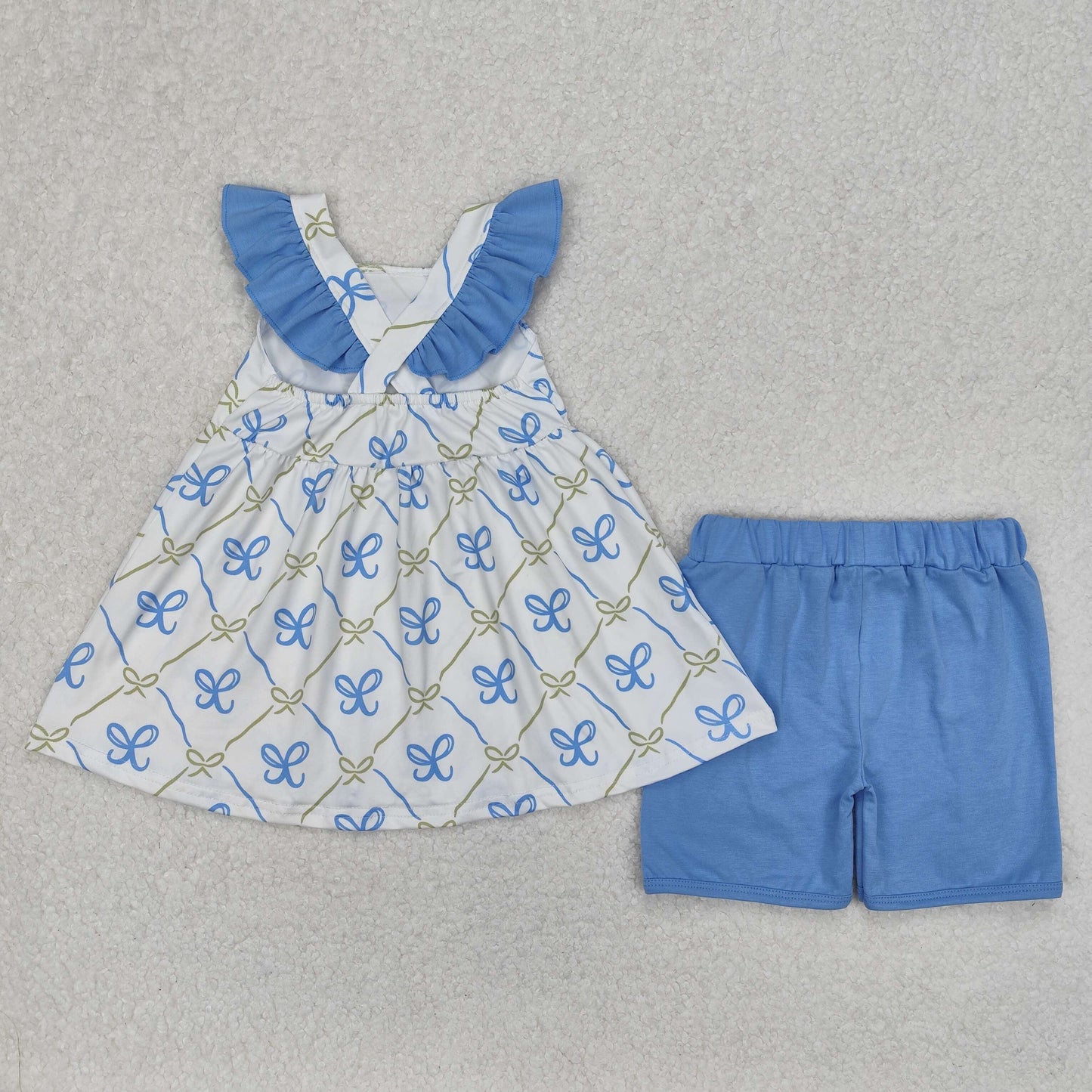 GSSO2109 girls flying sleeve bow blue shorts outfits