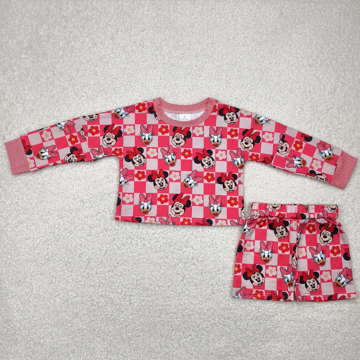 GLS0010 red long sleeve cartoon duck shorts set