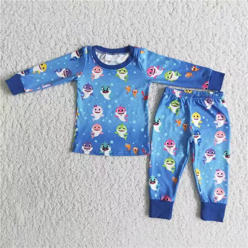 6 B11-19 Boys Cartoon Shark Pajamas Long Sleeves Joggers Blue