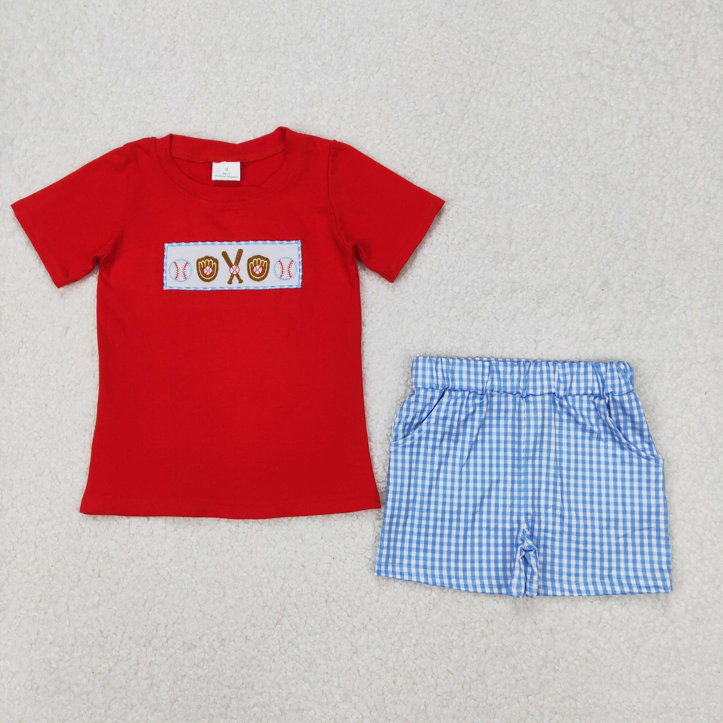 BSSO1283 Boys red baseball blue checkered shorts outfits embroidery