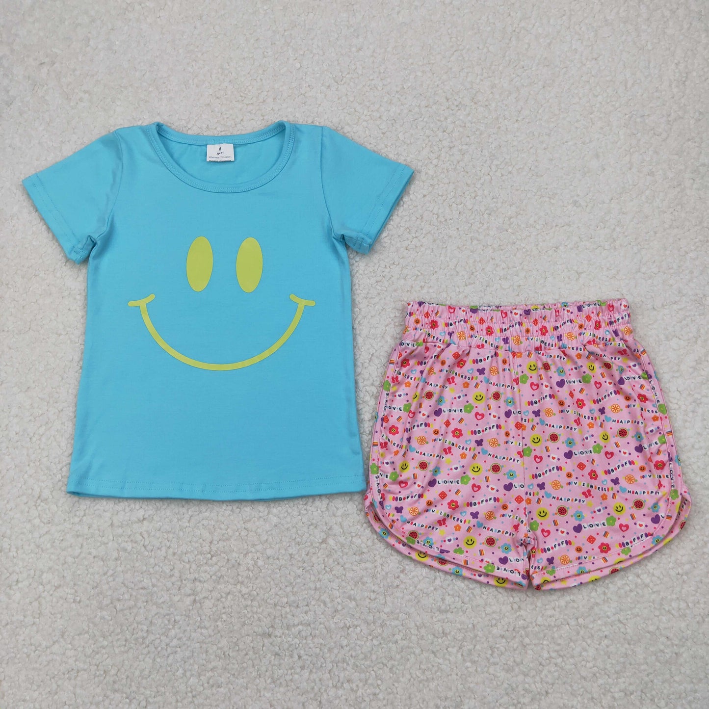 GSSO2411 baby girls smile blue short sleeve pink shorts outfits