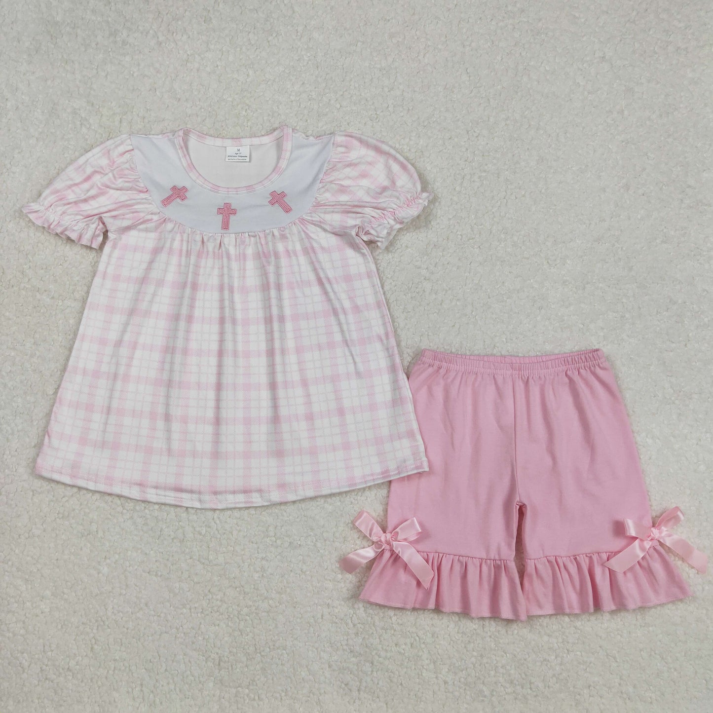 GSSO1855 girls pink puff sleeve crosing bow shorts outfits embroidery