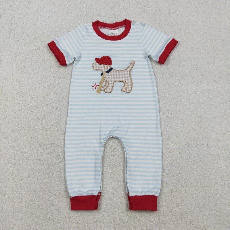 Matching Baby boys puppy baseball blue stripe romper outfits short sleeves embroidery