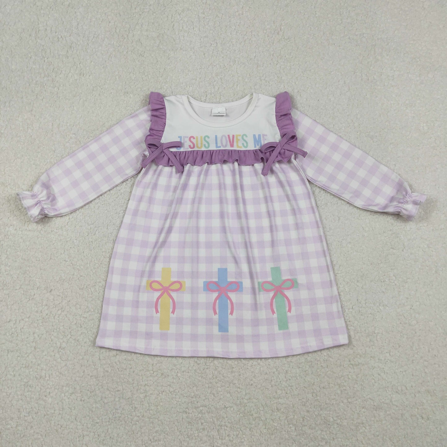 GLD1356 Baby Girls JESUS LOVES ME purple checkered long sleeve dress
