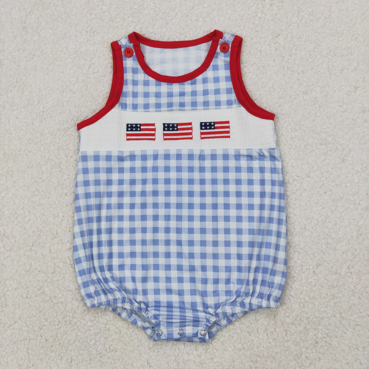 SR2572 Baby July Fourth flying sleeve checked romper smocked